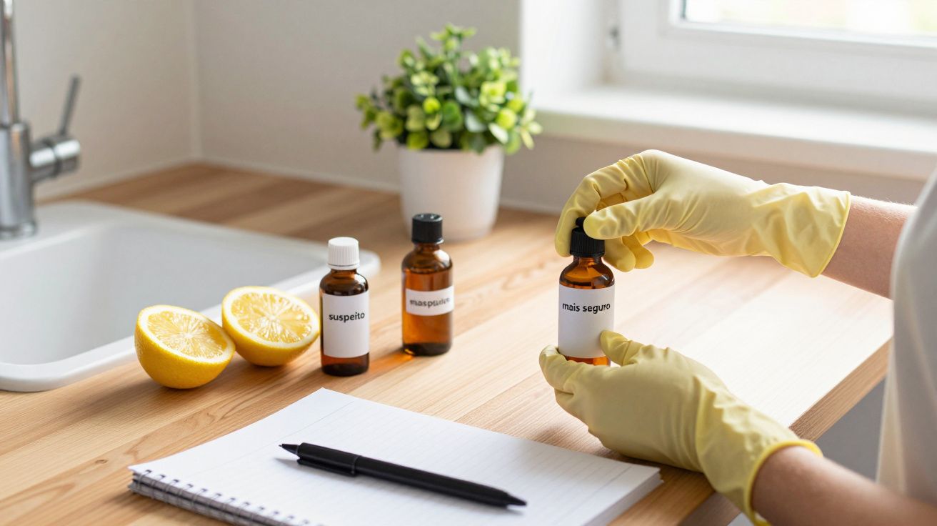 Pessoa com luvas manuseia frasco em bancada com limões, caderno e caneta, ao lado de pia e planta decorativa.