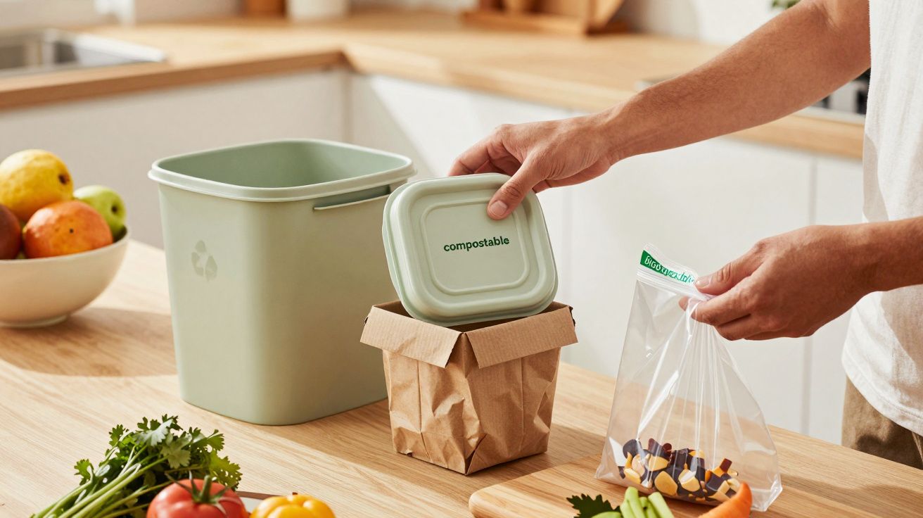 Pessoa colocando resíduos em saco biodegradável ao lado de lixeira verde com frutas e vegetais na bancada da cozinha.