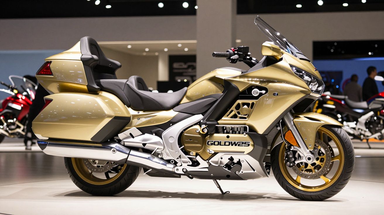 Moto dourada em exibição, estilo touring, com assento confortável e design elegante em um salão de automóveis.