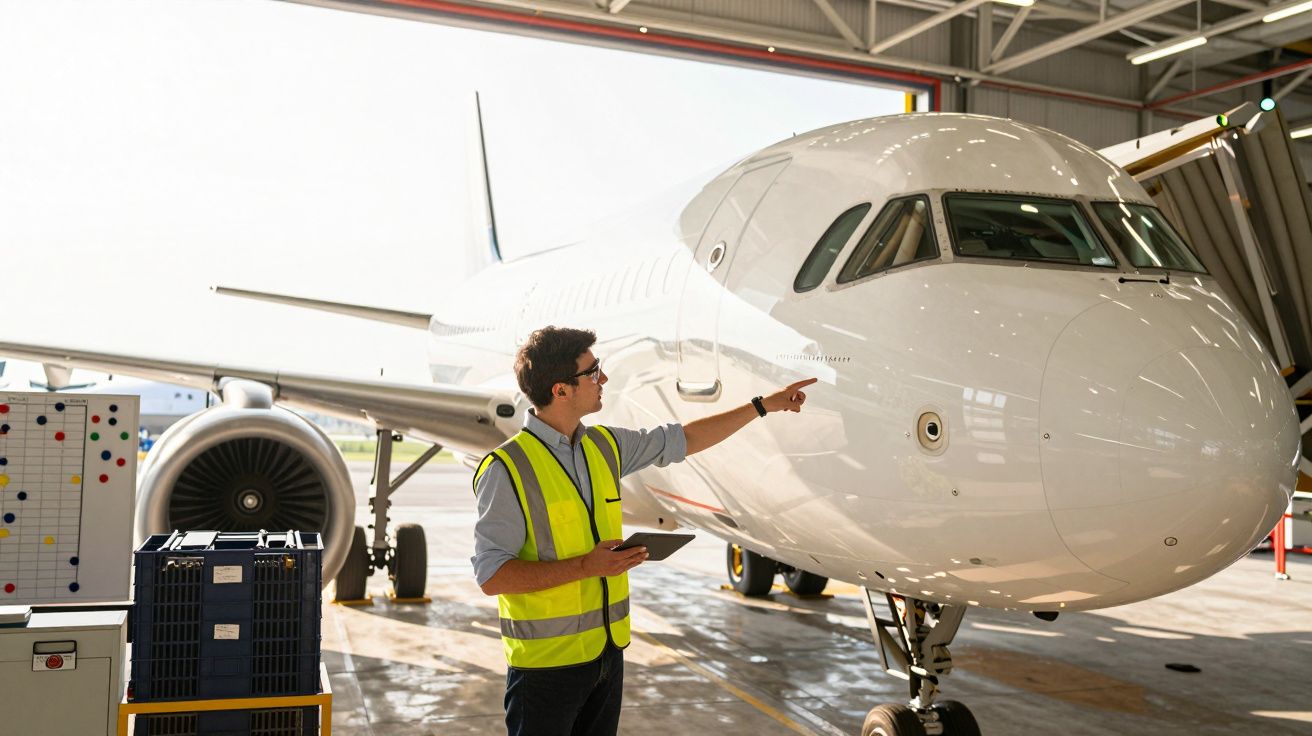 Funcionário em colete refletivo inspeciona um avião em hangar, enquanto consulta um tablet.