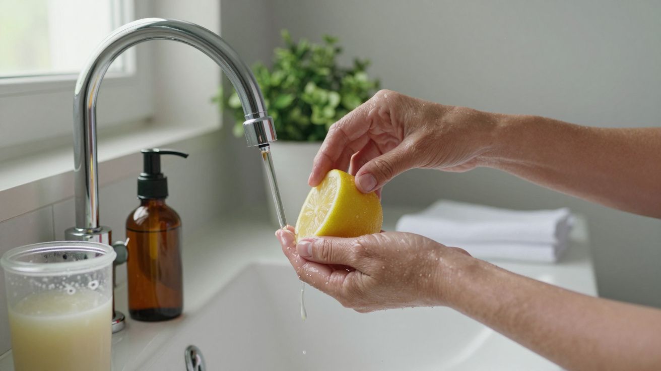 Mãos enxaguando meio limão sob água corrente em uma pia de cozinha, com sabão líquido ao fundo.