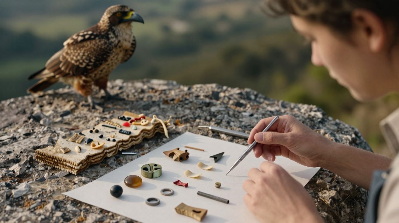 Pessoa organiza pequenos objetos em uma rocha ao lado de um falcão.