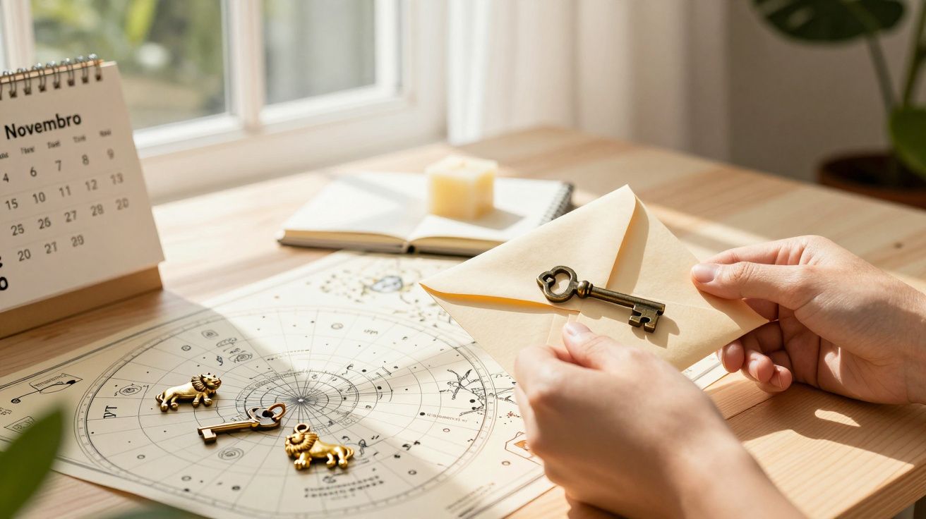 Mãos segurando envelope com chave, sobre mesa com mapa astral, calendário de novembro e decoração de leões.