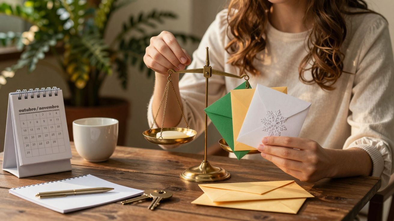 Mulher ajustando balança de mesa com cartas e calendário de outubro/novembro ao lado, em uma mesa de madeira.