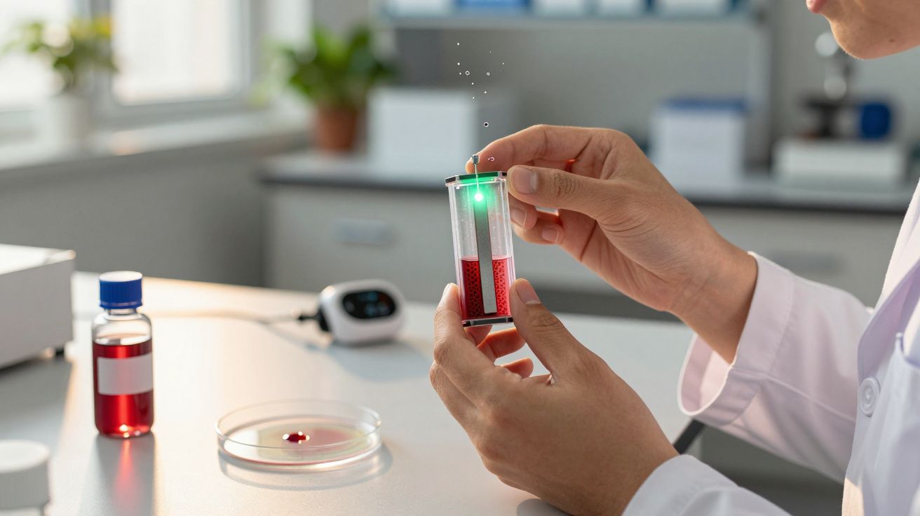Cientista analisa tubo de ensaio com luz verde, contendo líquido vermelho, em laboratório iluminado.
