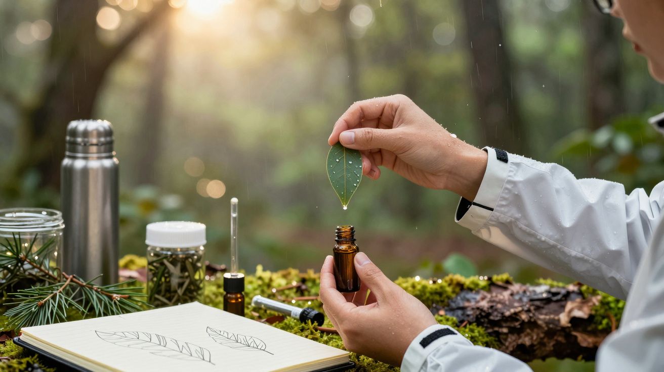 Pessoa coleta gotas de uma folha em um frasco na floresta, com caderno de desenhos ao lado. Luz suave ao fundo.