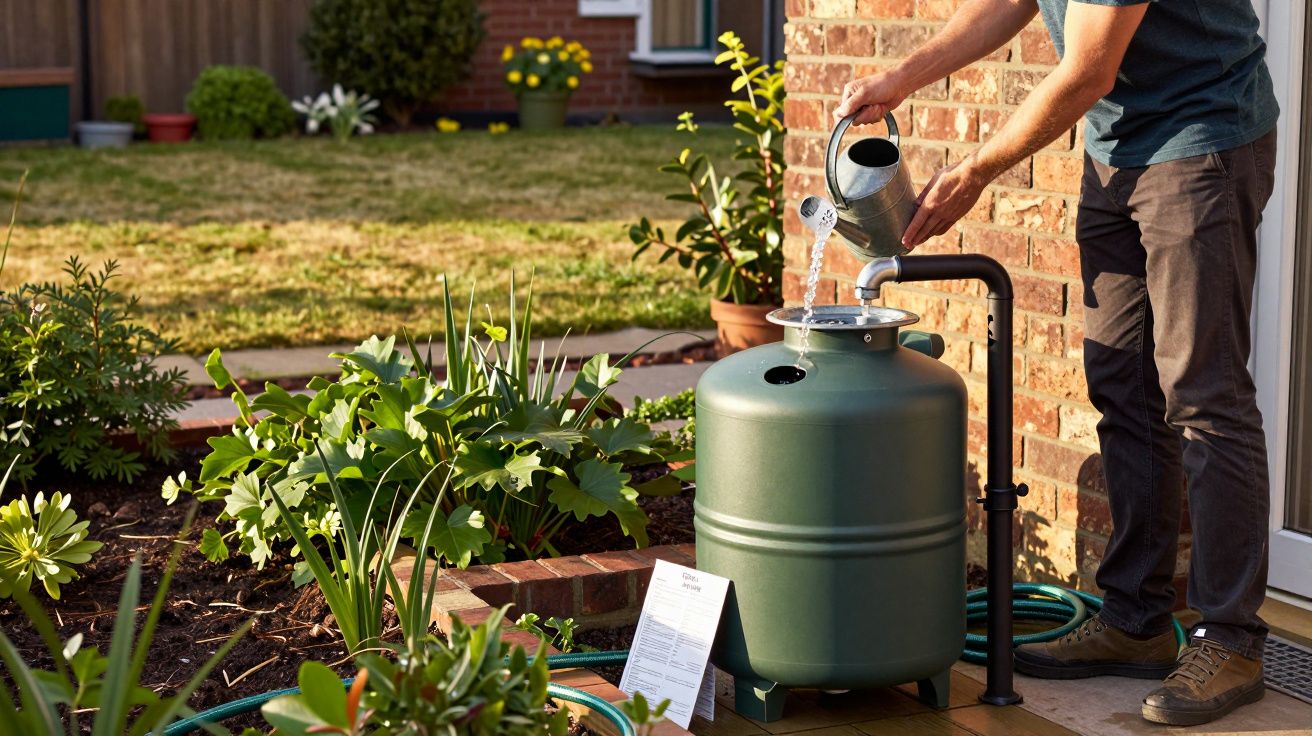 Pessoa enchendo um regador com água de um barril verde no jardim, cercado por plantas e mangueira.