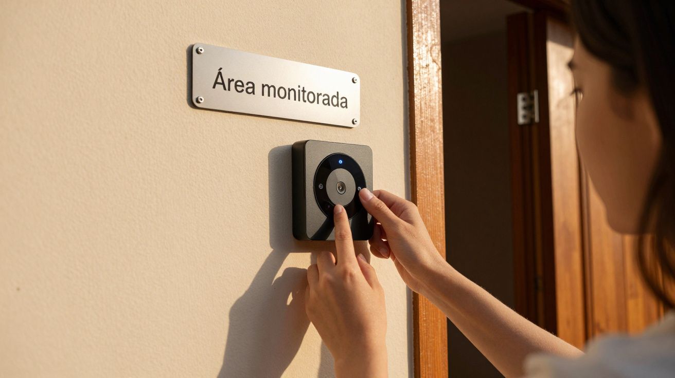 Pessoa ajustando controle em parede com placa "Área monitorada".