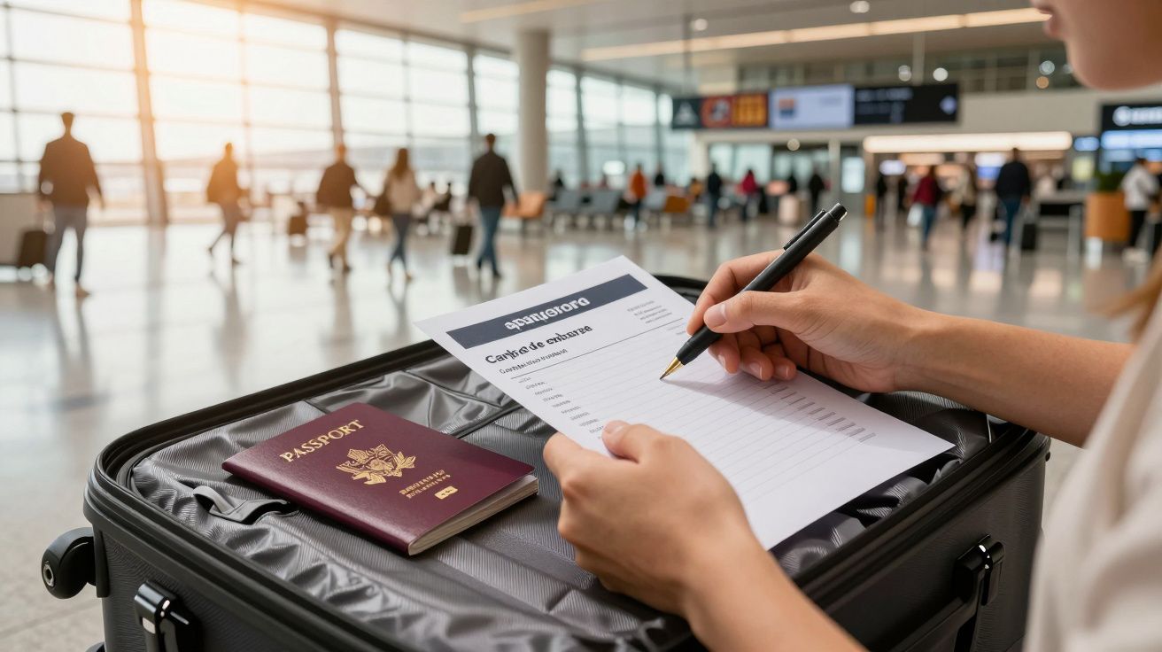 Pessoa preenchendo formulário de viagem no aeroporto, com passaporte e mala ao lado.