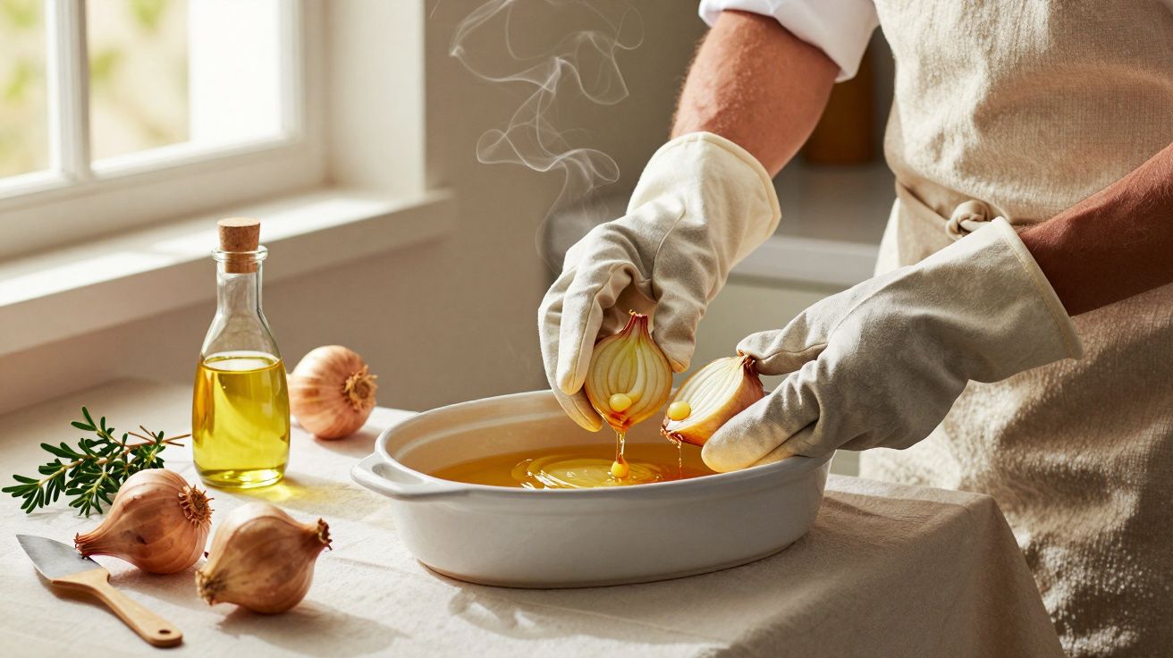 Pessoa com luvas espreme cebolas sobre azeite em uma tigela. Frascos e cebolas na mesa próxima a uma janela.