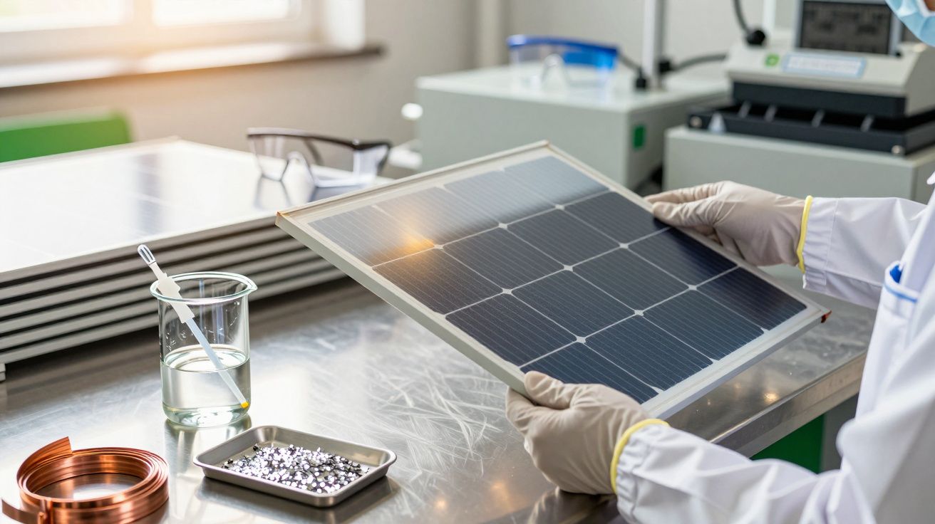 Pessoa com luvas segurando painel solar em laboratório com equipamentos e materiais ao fundo.