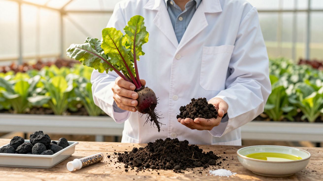Pessoa com bata branca segura beterraba e terra em estufa, com vegetais ao fundo. Mesa com carvão e tigela de líquido.