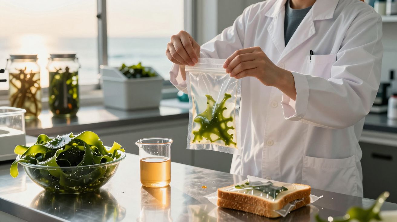 Cientista em laboratório segurando saco plástico com algas, ao lado de uma tigela de algas e uma fatia de pão.