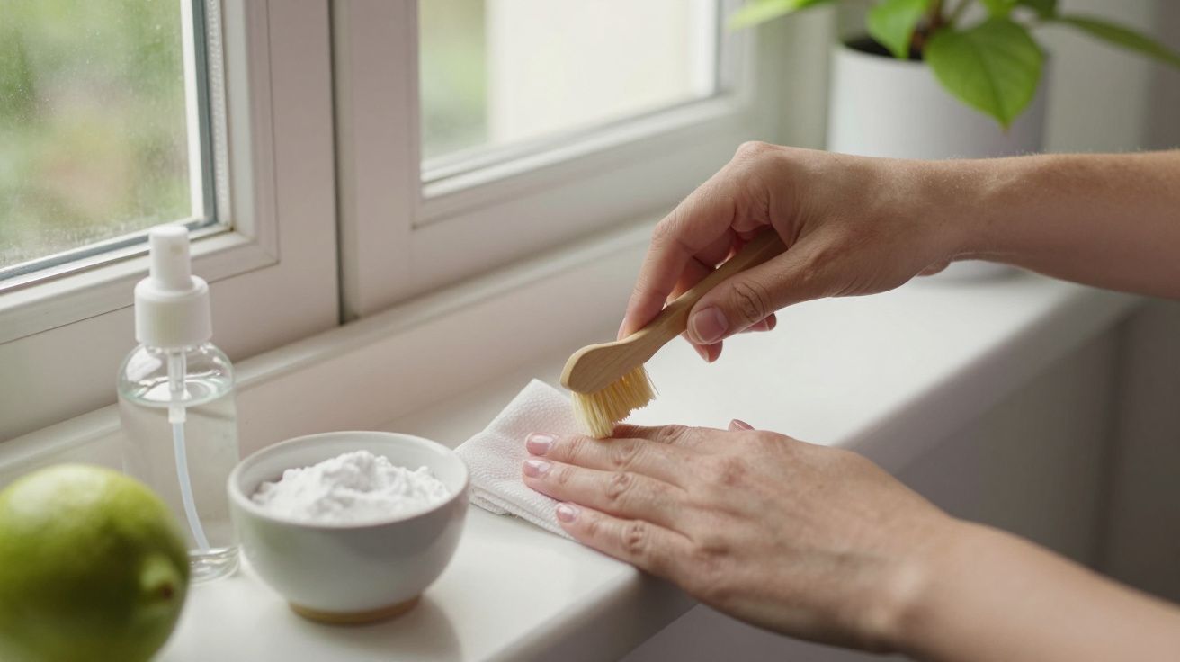 Mãos limpando uma superfície com escova, próximo a tigela com pó branco, spray e limão, em parapeito de janela.