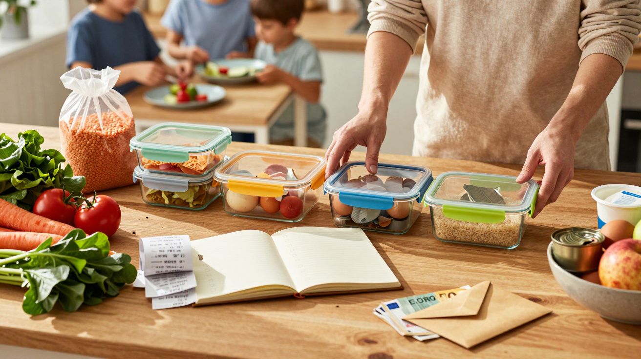 Pessoa organizando recipientes com alimentos em uma cozinha. Crianças ao fundo e legumes na bancada.