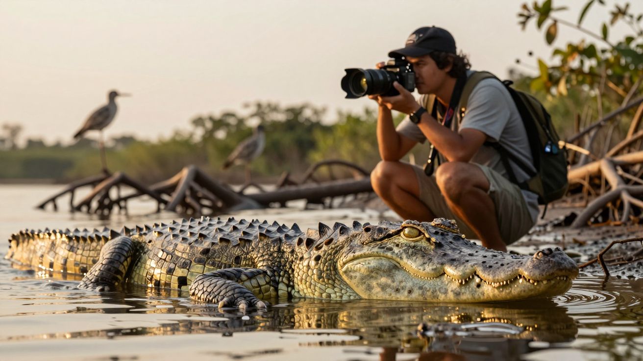 Fotógrafo agachado próximo a um crocodilo em um rio, capturando imagens, com aves ao fundo e vegetação aquática.