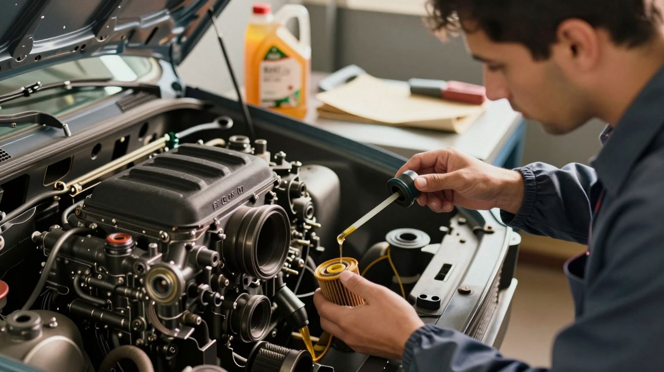 Homem verificando nível de óleo do motor de carro com frasco aberto ao lado.