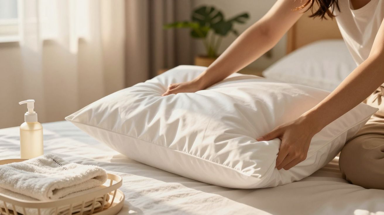 Mãos ajustam travesseiro branco em cama arrumada com toalhas e sabonete líquido ao lado.