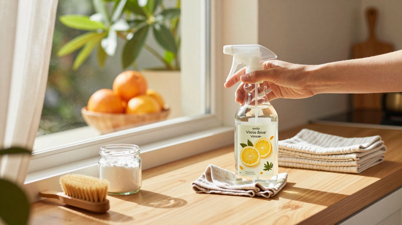Mão segurando spray de limpeza com rótulo de limão em bancada de madeira, próxima a janela com frutas ao fundo.