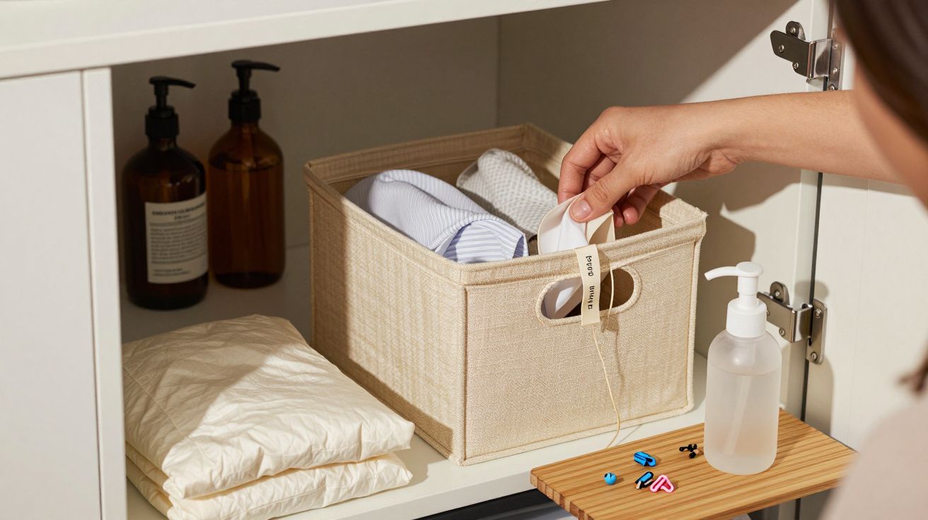 Mão organizando cesto com roupas dobradas e etiquetas em armário, ao lado de frascos de sabonete e prateleira com itens.