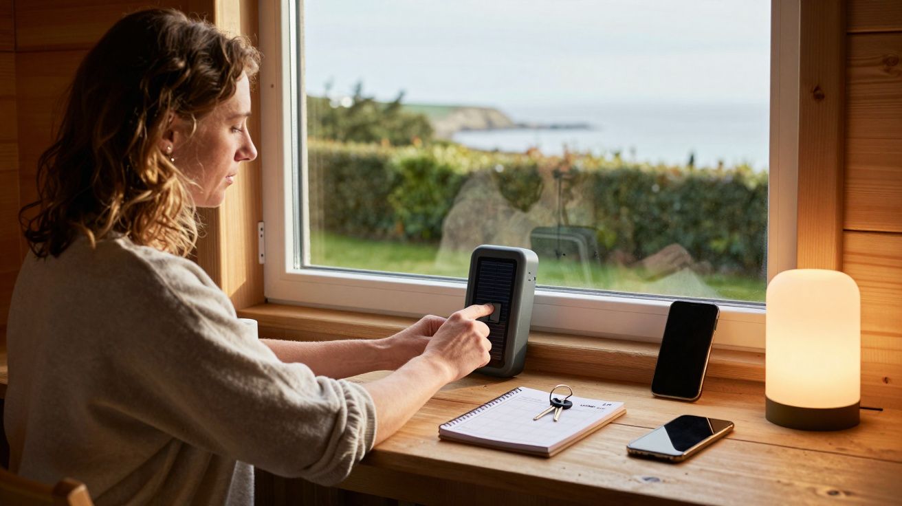 Mulher sentada em mesa de madeira usando dispositivo próximo à janela. Há vista para o mar e objetos na mesa.