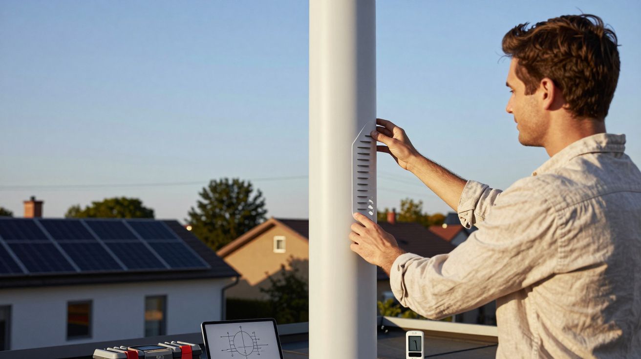 Homem ajusta dispositivo em coluna no terraço, com paineis solares ao fundo.
