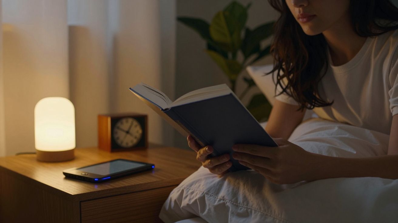 Mulher lendo um livro na cama ao lado de um abajur aceso e um despertador sobre o criado-mudo.
