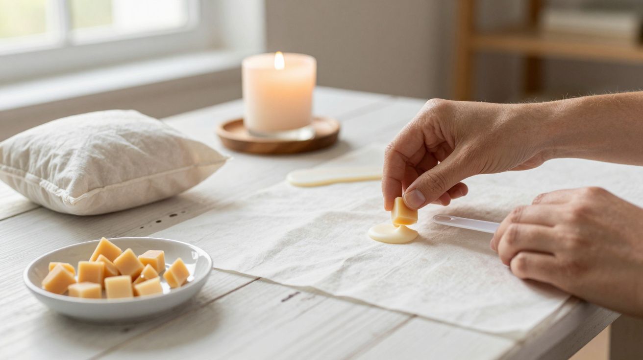 Pessoa fazendo vela artesanal em mesa com travesseiro e vela acesa. Peças de cera em prato ao lado.