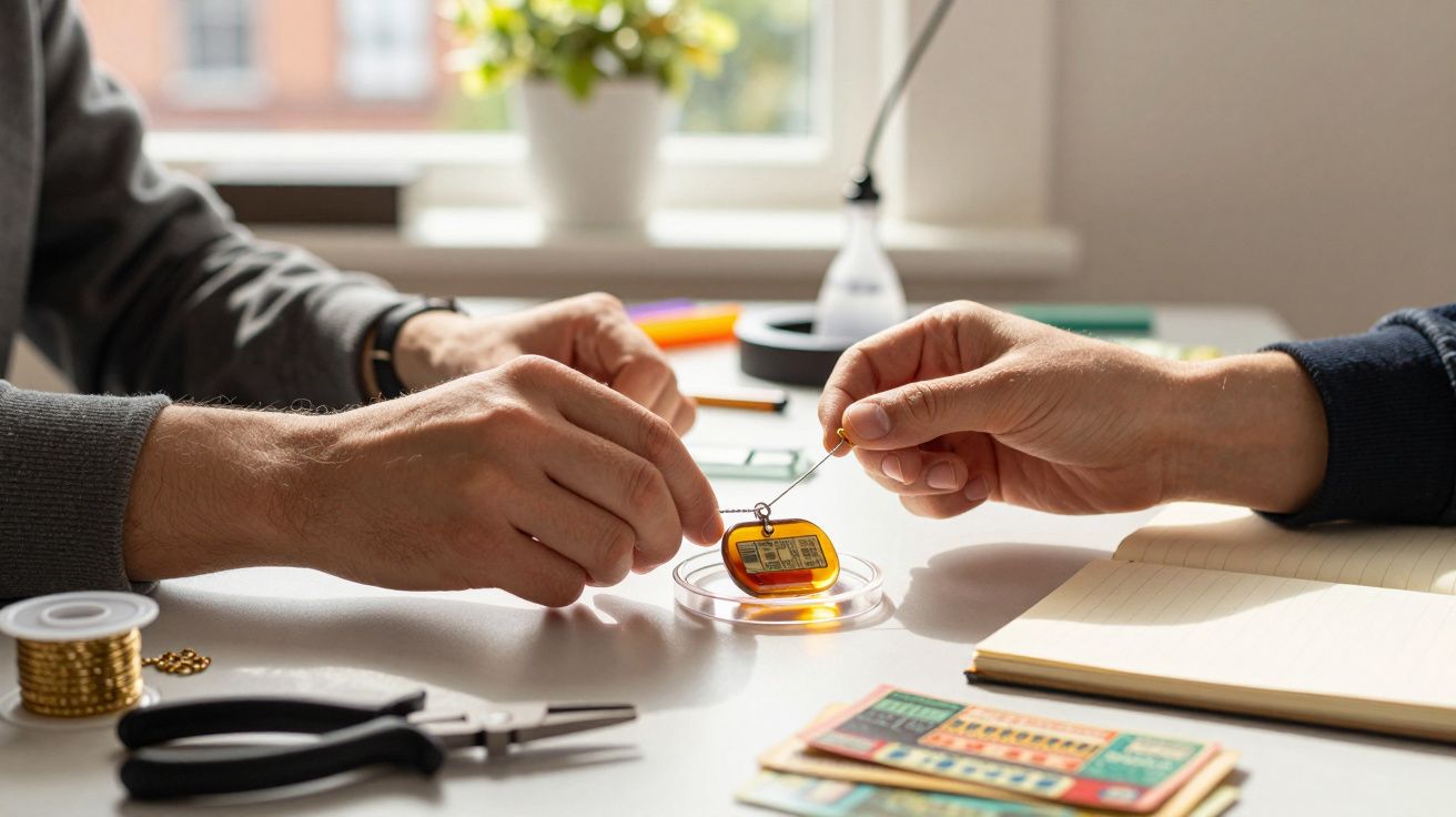 Duas pessoas segurando um chaveiro próximo a uma mesa com ferramentas e cadernos, com plantas ao fundo.