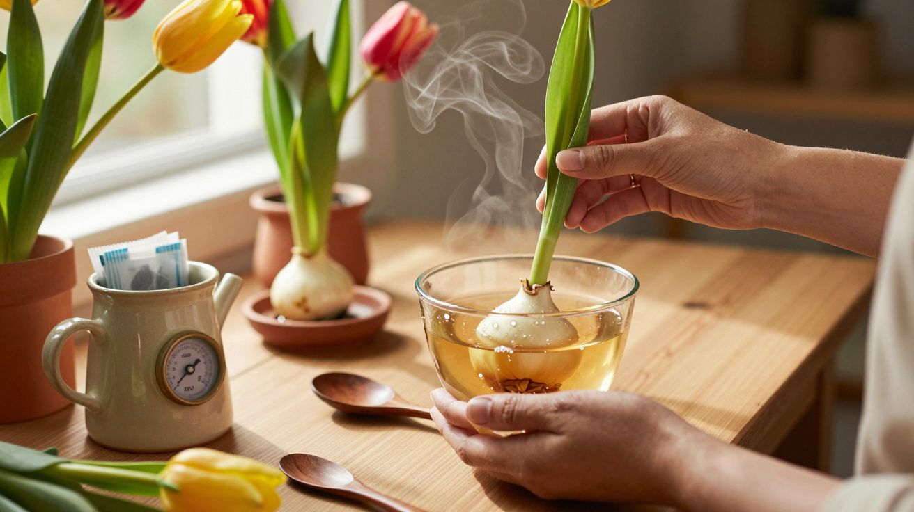 Mãos segurando um bulbo de tulipa em água quente em uma mesa com tulipas coloridas ao fundo.
