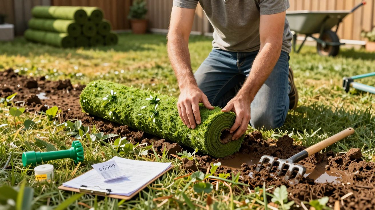 Pessoa instalando grama em um jardim, com ferramentas ao redor e rolos de grama no fundo.