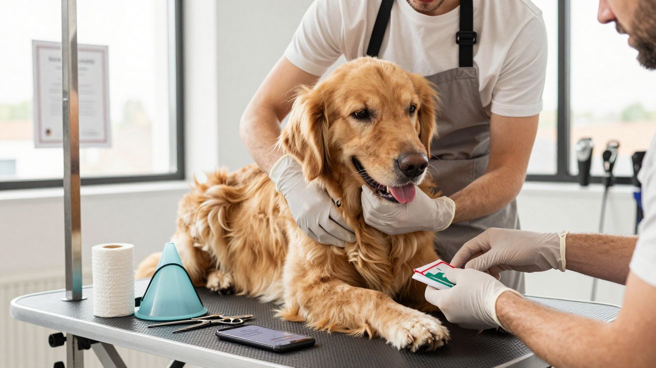 Cachorro golden retriever em mesa de veterinário, sendo examinado por dois profissionais com luvas.