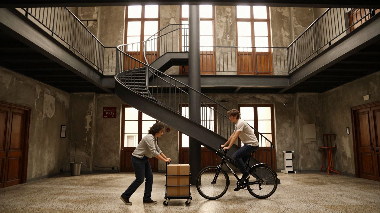 Pessoa empurrando carrinho com caixas enquanto outra, de bicicleta, assiste em um hall com escada e piso de pedra.