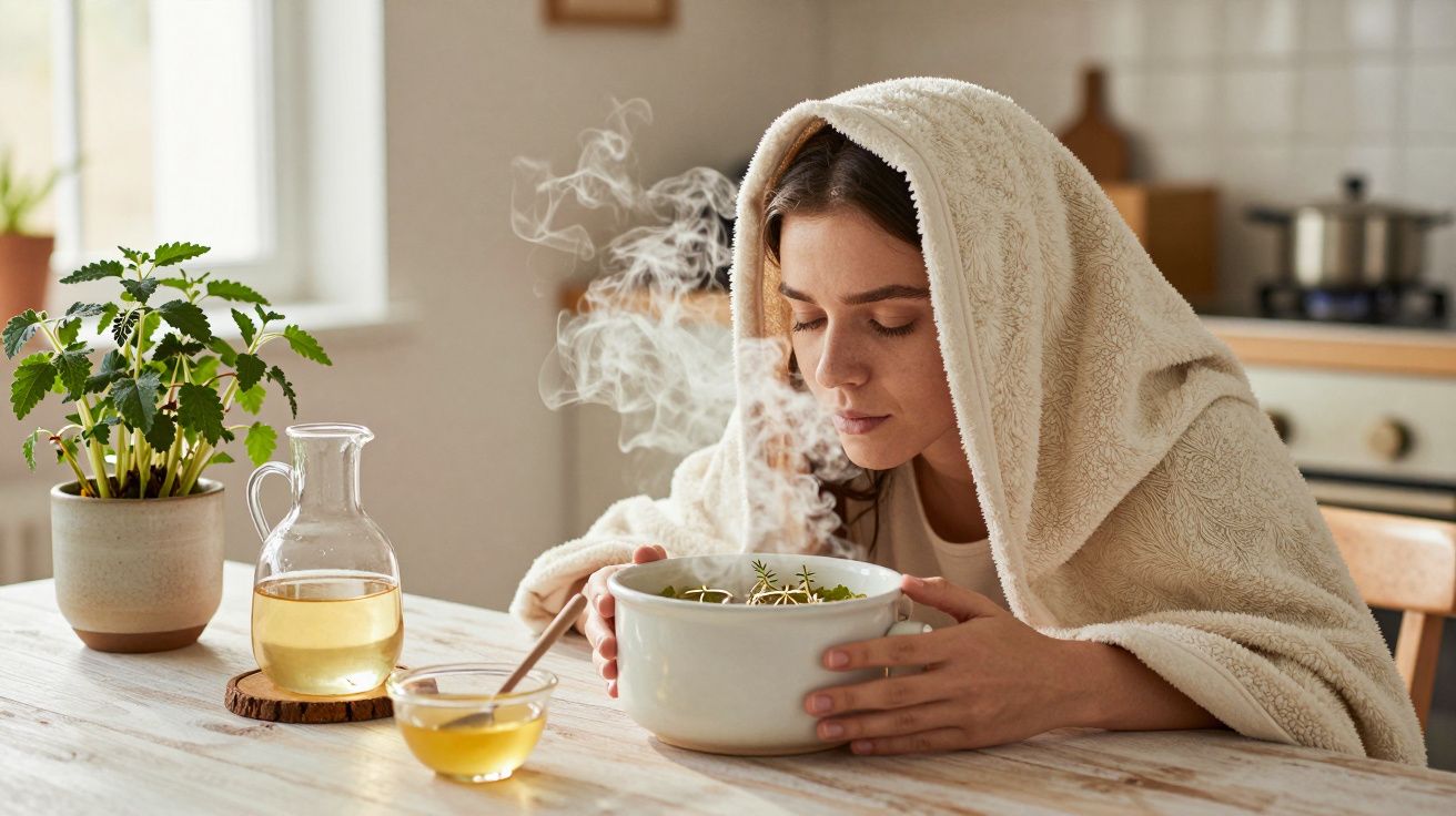 Mulher coberta com toalha inala vapor de tigela em cozinha, ao lado de plantas e mel.