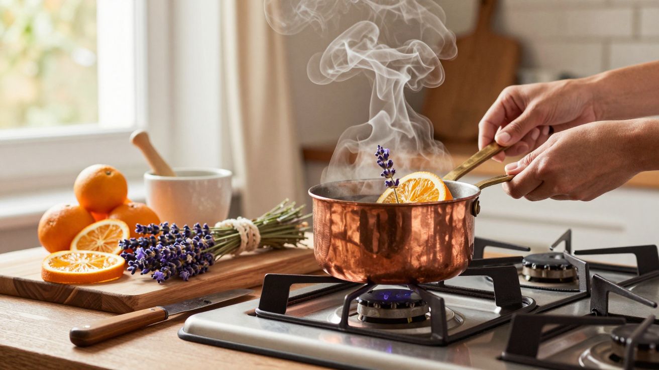 Pessoas cozinhando laranja e lavanda em panela de cobre sobre fogão, com frutas e ervas na bancada ao lado.