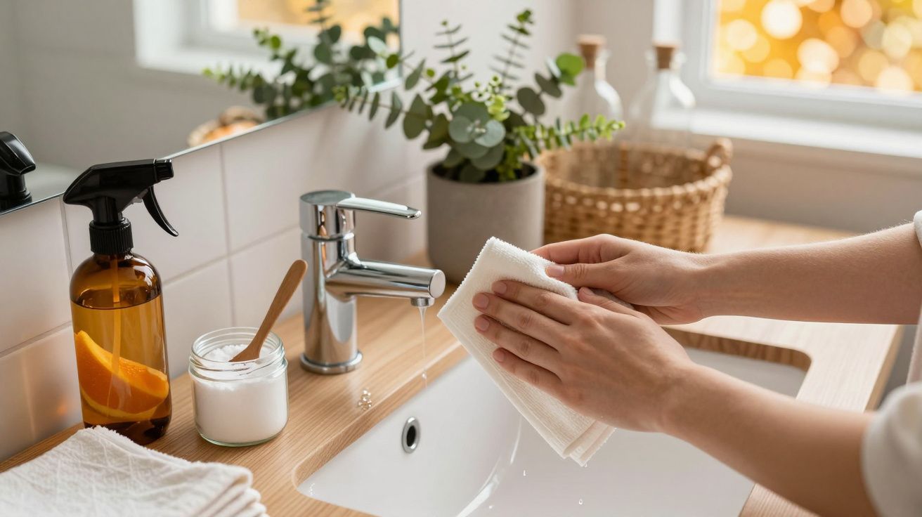 Pessoa limpando pia com pano branco; itens de limpeza e plantas ao redor.