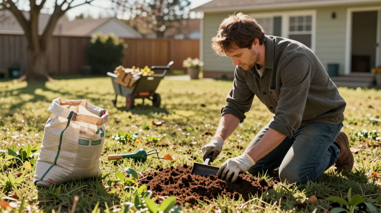 Homem ajoelhado no jardim, preparando o solo com pá. Sacos de adubo e carrinho de mão ao fundo.