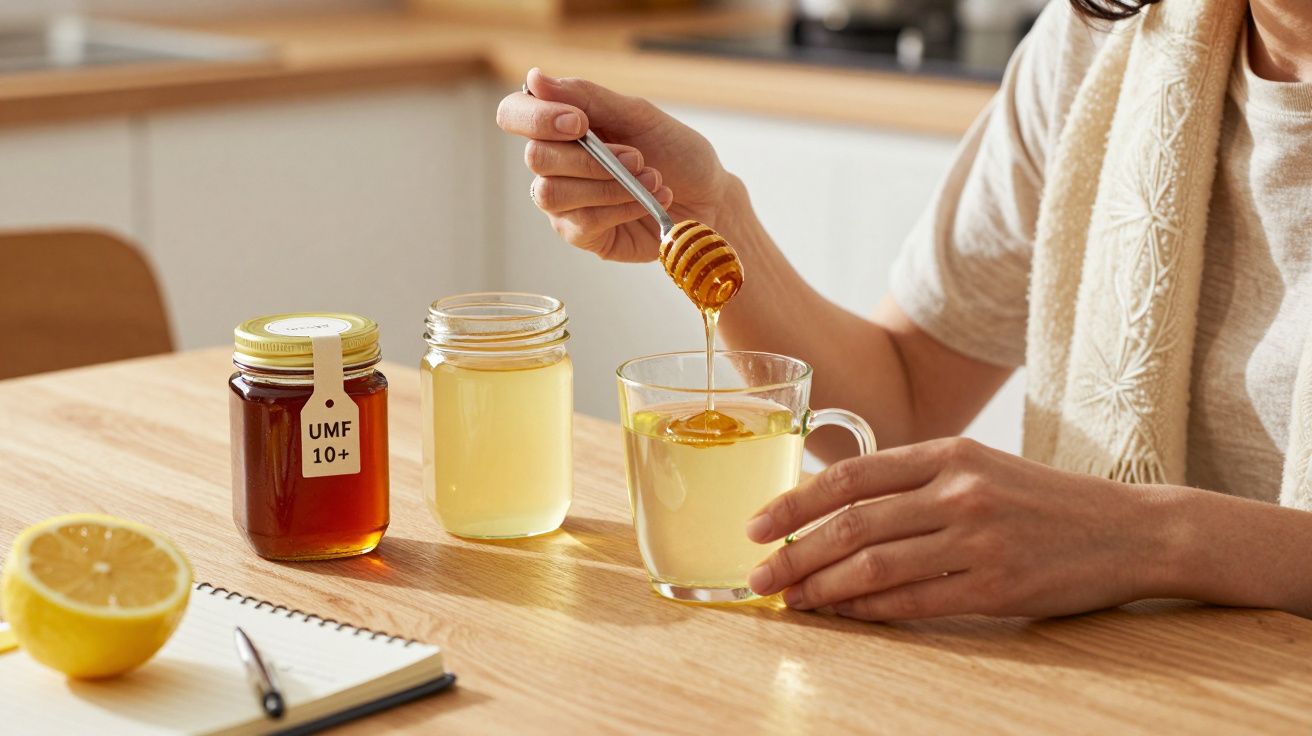Pessoa adicionando mel a uma xícara de chá, com potes de mel e limão em uma mesa de madeira.