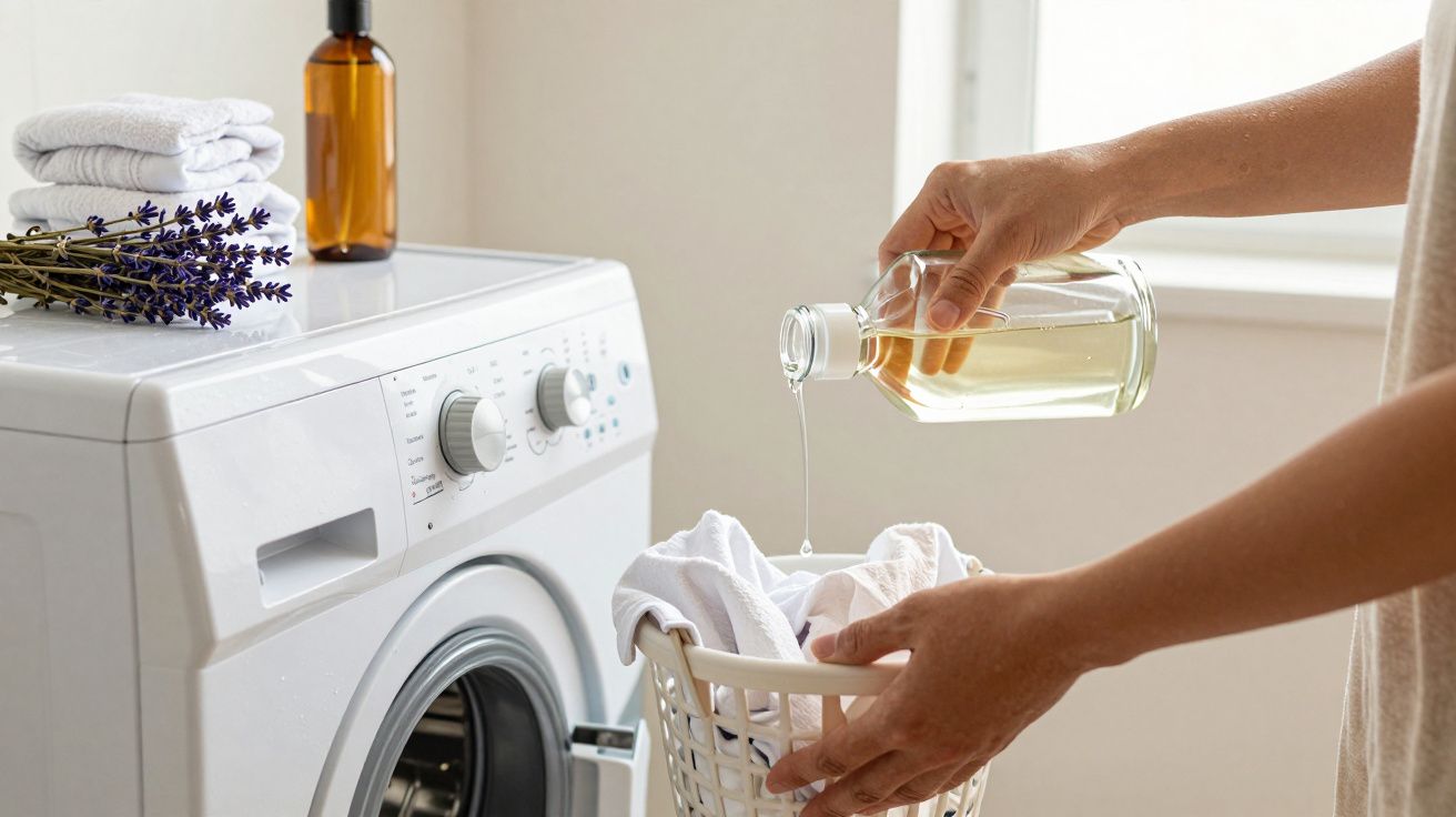 Pessoa adiciona detergente em roupas brancas em frente a uma máquina de lavar, com toalhas e lavandas ao lado.