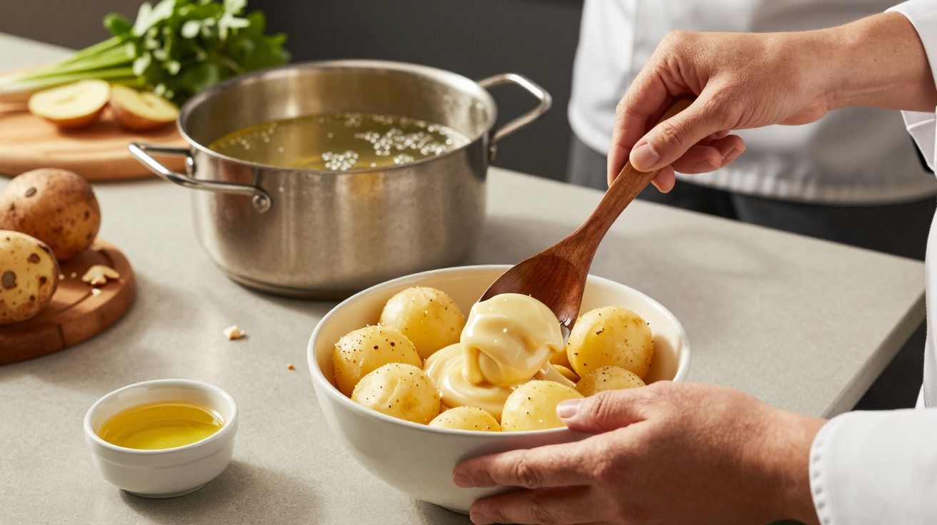 Pessoa adiciona maionese a batatas cozidas em uma tigela; panela e ingredientes ao fundo.