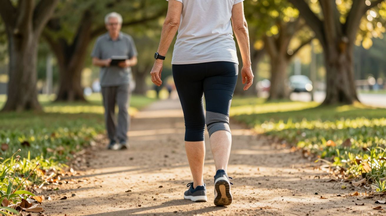 Pessoa caminhando em uma trilha de parque arborizado, com outra pessoa ao fundo.