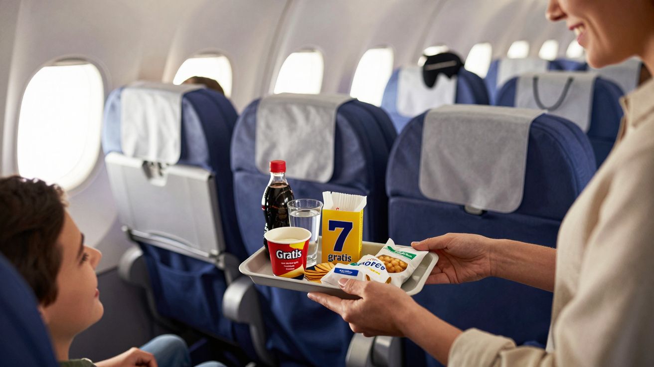 Comissária servindo lanche a passageiro com refrigerante, copo e snacks em bandeja em avião.