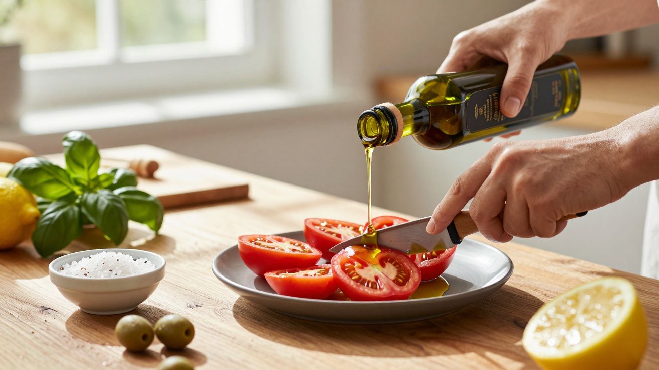 Pessoa vertendo azeite sobre tomates fatiados em um prato; mesa com manjericão, sal e limão ao fundo.