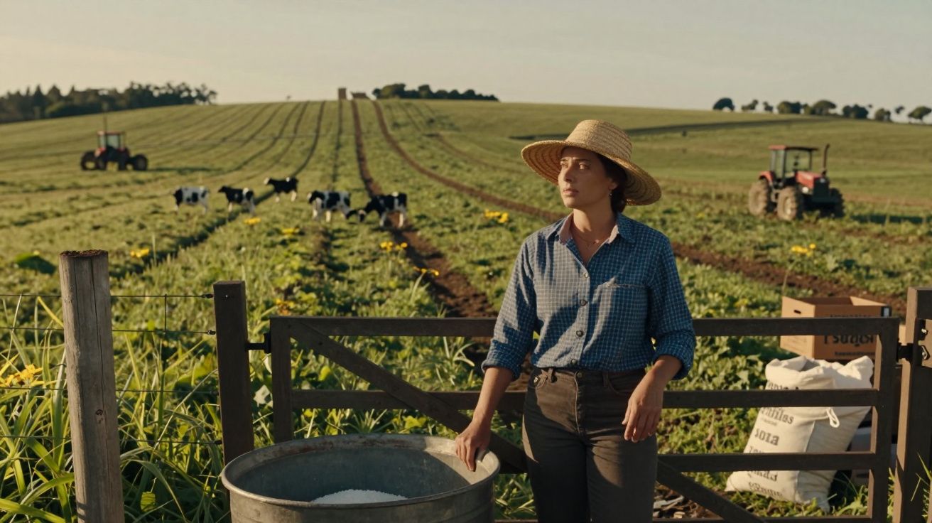 Mulher de chapéu de palha em fazenda, cercada por plantações e vacas ao fundo. Tratores estão ao longe no campo.