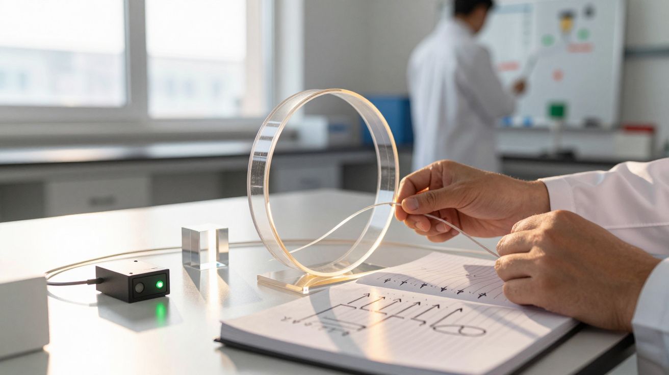 Cientista em laboratório analisando dados em caderno com equipamento científico e colega ao fundo.