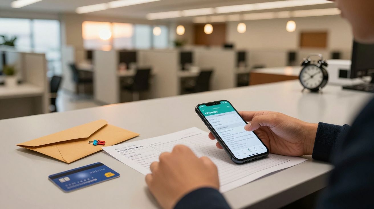 Pessoa usando smartphone em escritório com mesa, envelope, cartão de crédito e formulário. Relógio ao fundo.
