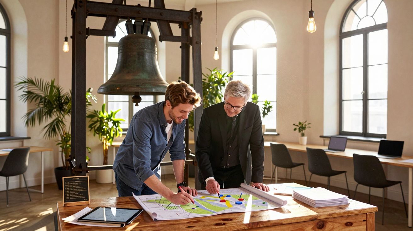 Dois homens analisam mapas em uma mesa de madeira, em uma sala iluminada com uma grande campainha ao fundo.