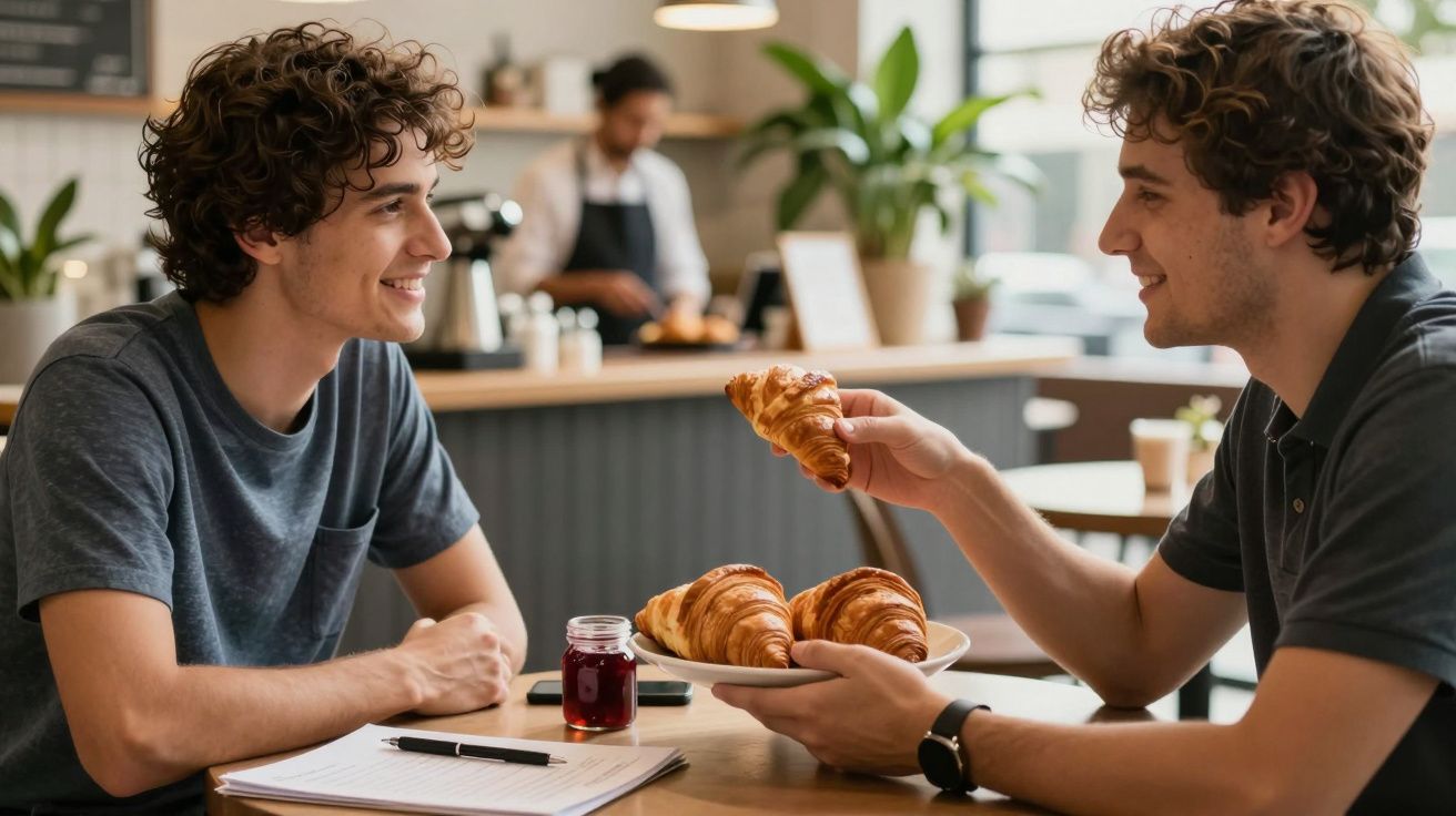 Dois amigos conversam em uma cafeteria. Um oferece croissant ao outro, com jarra de geleia e bloco de notas sobre a mesa.