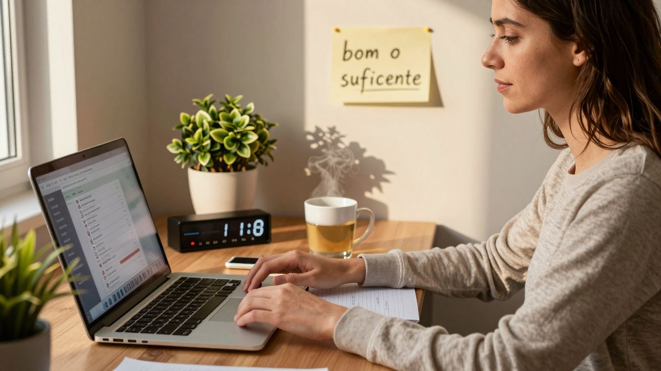 Mulher digitando em laptop em mesa de madeira, com planta, relógio e chá. Nota na parede diz "bom o suficiente".