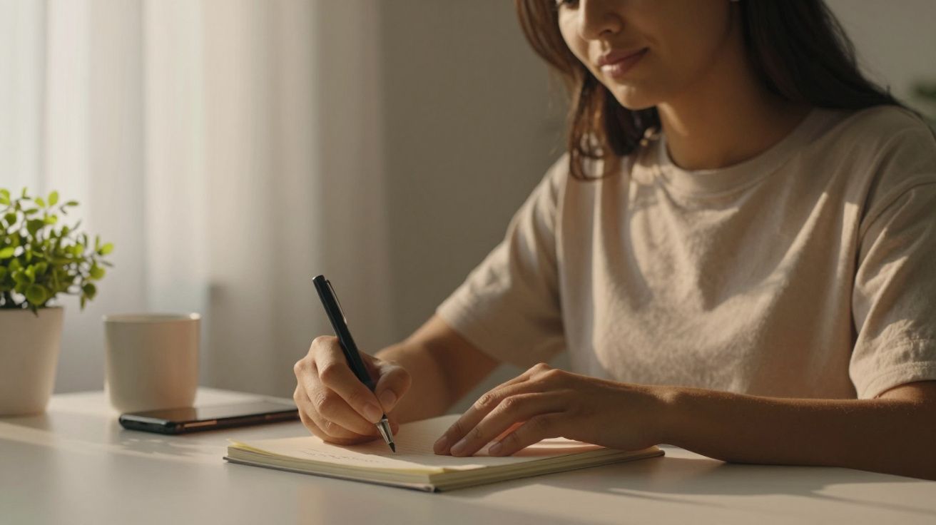 Mulher escrevendo em um caderno sobre uma mesa, ao lado de uma planta, uma xícara e um celular.